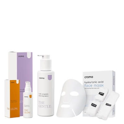 Croma HYDRATE & GLOW ZESTAW Płyn oczyszczający 150 ml + Silnie działające serum 30 ml + Odmładzająca maska na twarz 8 szt + Opaski do mycia twarzy 3 szt