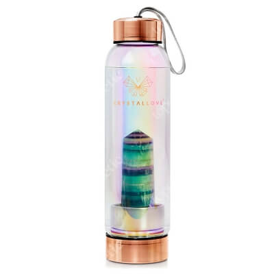 Crystallove Butelka z Kryształem Fluorytem Tęczowym - Hologram Przywraca strukturę energetyczną ciała, oczyszcza aurę 550 ml