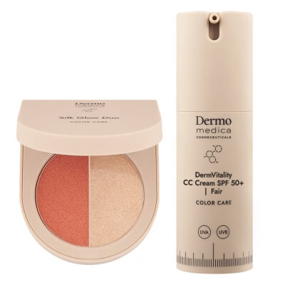 Dermomedica DermVitality CC Cream SPF 50 + Silk Glow Duo ZESTAW Koloryzujący krem korygujący z bardzo wysoką ochroną UVA/UVB (kolor Fair) + Paletka do makijażu 5,5 g