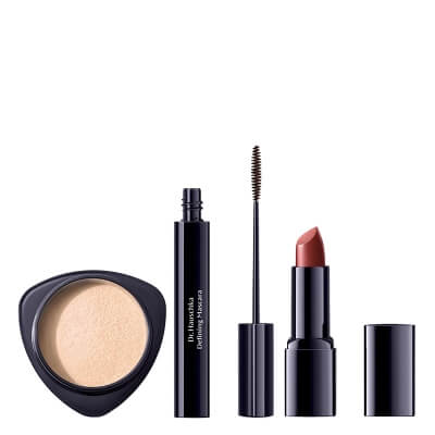 Dr Hauschka Make Up Set ZESTAW Puder sypki (kolor 00 Transparentny) 12 g + Pogrubiający tusz do rzęs (kolor Brown) 6 ml + Pomadka do ust (kolor 14 Caralluma) 4,1 g