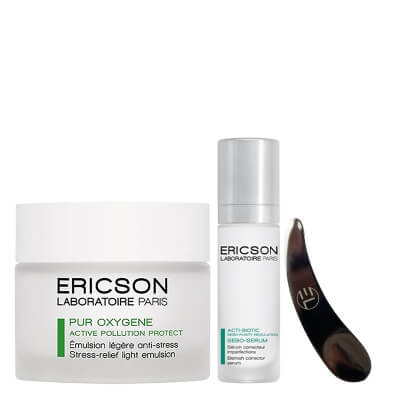 Ericson Laboratoire Acti Biotic Emergency Serum + Stress-Relief + Szpatułka ze Stali Nierdzewnej ZESTAW Serum seboregulujące 30 ml + Lekka emulsja dotleniająca do skóry mieszanej i tłustej 50 ml + Szpatułka do nakładania kremu 1 szt