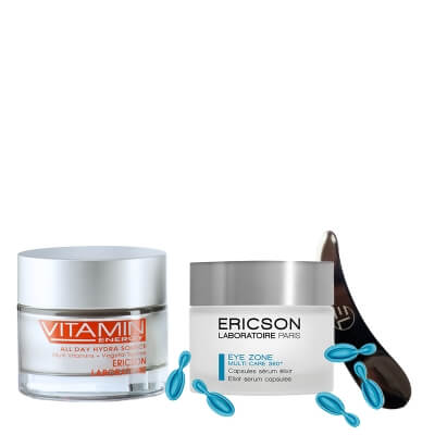 Ericson Laboratoire Eye Zone Elixir Serum Capsules + All Day Hydra Source + Szpatułka ze Stali Nierdzewnej ZESTAW Kapsułki na zmęczone oczy 50 kaps. + Multiwitaminowy krem nawilżający 50 ml + Szpatułka do nakładania kremu 1 szt
