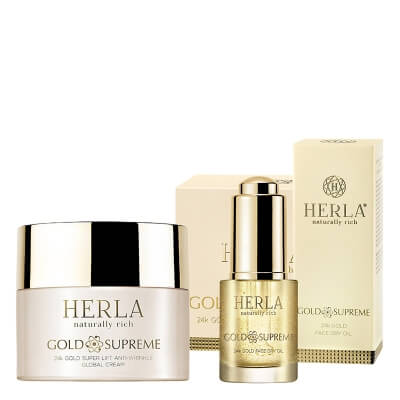 Herla 24k Gold Face Set ZESTAW Lfitingujący suchy olejek do twarzy z drobinkami złota 15 ml + Liftingujący krem przeciwzmarszczkowy 50 ml