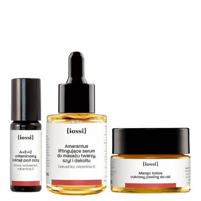 Iossi A+E+C + Amarantus + Mango Kokos GRATIS ZESTAW Witaminowy koktajl pod oczy 10 ml + Ujędrniająco-liftingujące serum 30 ml + Peeling do ust 15 ml
