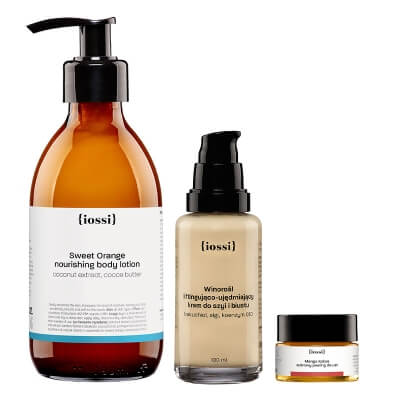 Iossi Winorośl + Słodka Pomarańcza + Mango Kokos GRATIS ZESTAW Liftingująco-ujędrniający krem do szyi, dekoltu i biustu 100 ml + Odżywczy balsam do ciała 240 ml + Peeling do ust 15 ml