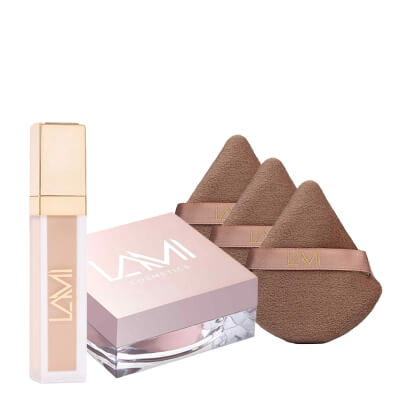 Lami Cosmetics Concealer Vanilla + Eye Powder + Puff x 3 ZESTAW Kremowy korektor pod oczy (kolor Vanilla) 10 ml + Lekki puder pod oczy 8 g + Trójkątny welurowy puszek do pudru 1 szt x 3