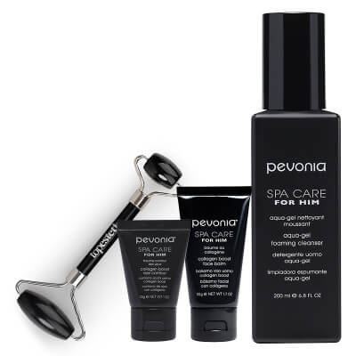 Pevonia Exclusive Collagen Men's Care ZESTAW Krem kolagenowy wygładzający kontur oka 30 ml + Żel do mycia twarzy 200 ml + Balsam kolagenowy do twarzy 50 ml + roller 1 szt