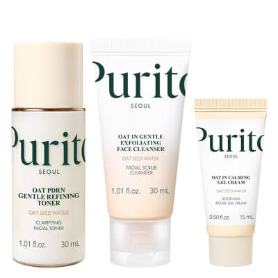 Purito Seoul Oat Mini Kit ZESTAW Złuszczający żel do twarzy 30 ml + Toner do twarzy 30 ml + Łagodzący żel-krem z owsem 15 ml