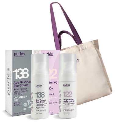 Purles Age Reverse Eye Cream + Brightening Base SPF 50+ + Torba ZESTAW Krem na okolice oczu 30 ml + Rozświetlająca baza 30 ml + Bawełniana torba plażowa 1 szt