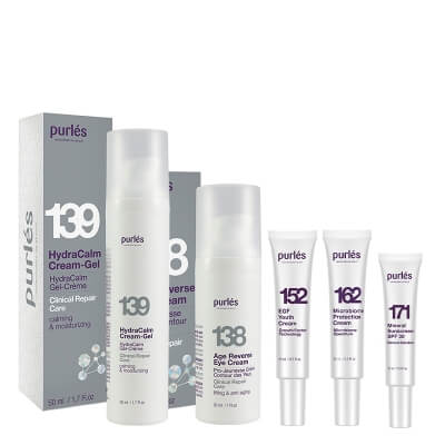 Purles Age Reverse Eye Cream + HydraCalm Cream-Gel + Travel Products ZESTAW Krem na okolice oczu 30 ml + Krem-żel 50 ml + Krem młodości 15 ml + Nawilżająco - łagodzący krem 15 ml + Krem SPF 30 10 ml