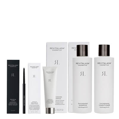 Revitalash Hair + Eyeliner ZESTAW Pogrubiający szampon 250 ml + Odżywka zagęszczająca 250 ml + Regenerująca kuracja 90 ml + Eyeliner (ciemnobrązowa) 0,3 g