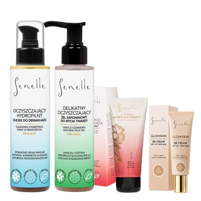 Senelle Glow Skin Power ZESTAW BB SPF 50 (kolor 02 Medium Beige) 30 ml + Olejek do demakijażu 150 ml + Żel do mycia twarzy 150 ml + Liftingująca maska 65 ml