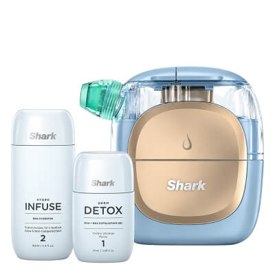 SharkBeauty Shark FacialPro Glow Blue + Hydro Infuse + Derm Detox ZESTAW Urządzenie do eksfoliacji i głębokiego nawilżania z terapią kontrastową 1 szt + Żel złuszczający 20 ml + Preparat nawilżający 80 ml