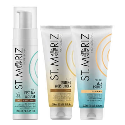 St Moriz Super Tan Skin ZESTAW Peeling przygotowujący skórę do opalania 200 ml + Balsam budujący opaleniznę 200 ml + Błyskawiczny mus samoopalający 200 ml