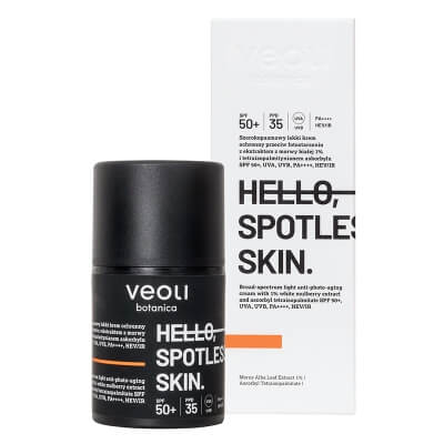 Veoli Botanica Hello, Spotless Skin SPF 50+ PA++++, HEV/IR Szerokopasmowy lekki krem ochronny UVA, UVB, HEV/IR 50 ml