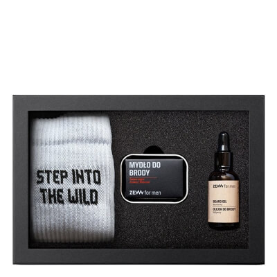 Zew For Men Nieokiełznany Drwal z Mydłem do Brody ZESTAW Olejek do brody 30 ml + Mydło do brody 85 ml + Mydelniczka (kolor srebrny) + Skarpety 1 para