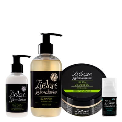 Zielone Laboratorium Odżywka Wygładzająca + Szampon Wygładzający + Modelująca Pasta + Krem do Twarzy ZESTAW Olej migdałowy i len 150 ml + Skrzyp i len 250 ml + Pasta modelująca 100 ml + Krem regenerująco-nawilżający 30 ml